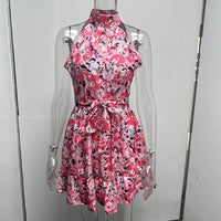 New Flowers Print Halterneck Dress Summer Fashion Temperament Lace-up Ruffled Dresses For Women MANDOTOS
