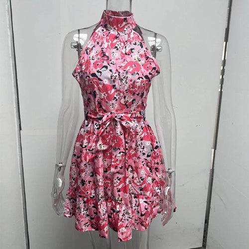 New Flowers Print Halterneck Dress Summer Fashion Temperament Lace-up Ruffled Dresses For Women MANDOTOS