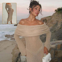 New One-shoulder Knitted Long-sleeved Dress Sexy Beach Holiday Long Dresses Womens Clothing MANDOTOS