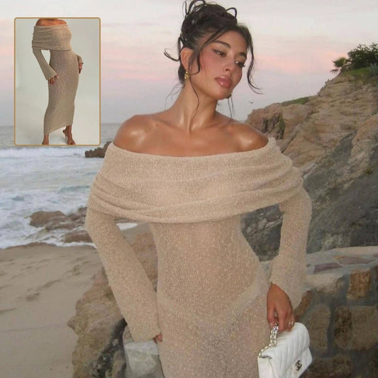 Mandotos one-shoulder knitted long-sleeve dress for women, stylish beach holiday long dress with sexy, fitted design.