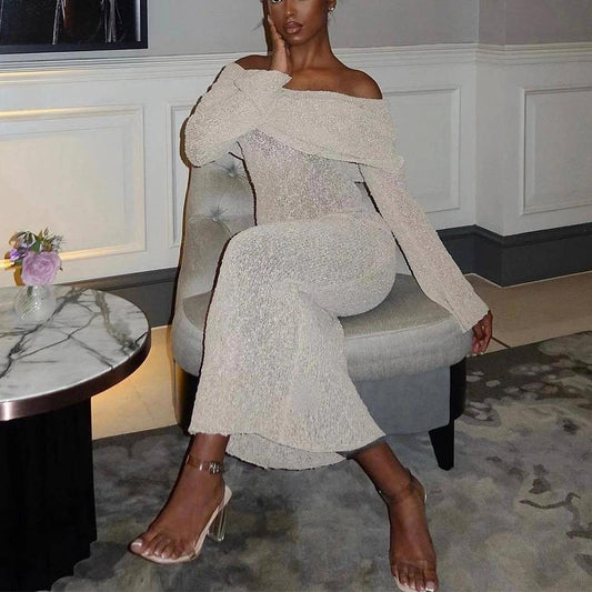 Mandotos women's one-shoulder knitted long-sleeved dress, perfect for beach holidays and casual summer wear.
