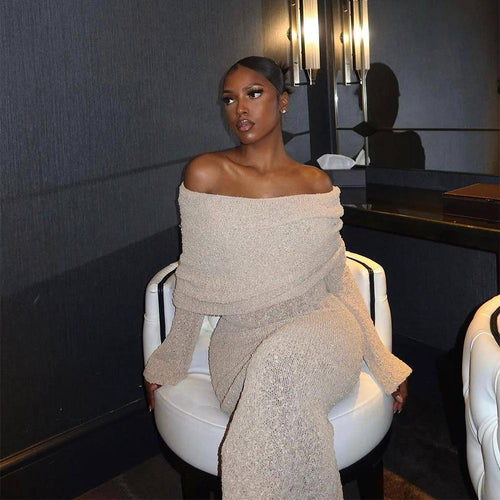 Mandotos women's one-shoulder knitted long-sleeved dress, perfect for beach holidays and stylish summer wear.