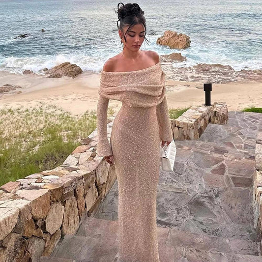Mandotos women's one-shoulder knitted long-sleeved beach dress, stylish and sexy for holiday or casual wear.