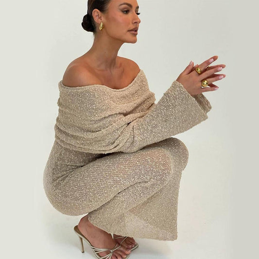 Mandotos one-shoulder knitted long-sleeved dress, stylish beach holiday long dress for women, soft fabric and fitted silhouette