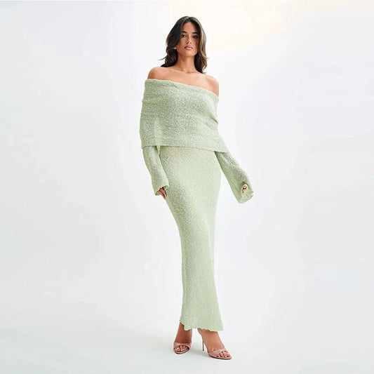 Mandotos one-shoulder knitted long-sleeve dress, sexy beach holiday long dress for women, stylish and comfortable evening wear