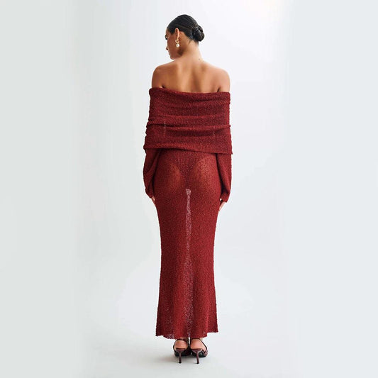 Mandotos one-shoulder knitted long-sleeve dress for women, perfect for beach holidays and casual summer wear.