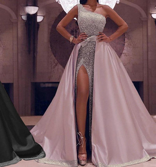 Elegant one-shoulder MANDOTOS evening dress with a flowing design, perfect for formal occasions and evening events.