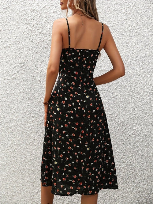 Mandotos polka dot print suspender summer dress with a sexy split, long flowing style, perfect for women's warm-weather fashion.