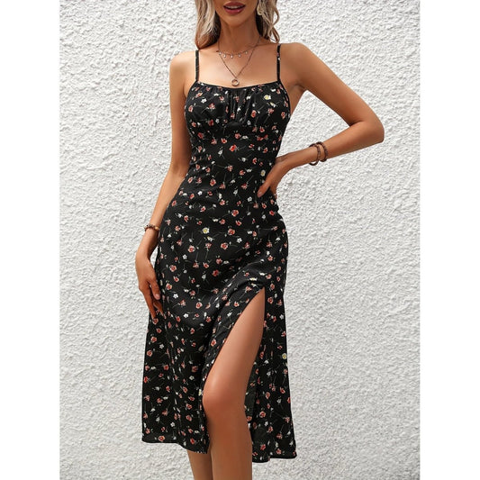 Mandotos polka dot print suspender summer dress with a sexy split, long flowing design perfect for women's casual and stylish wear.