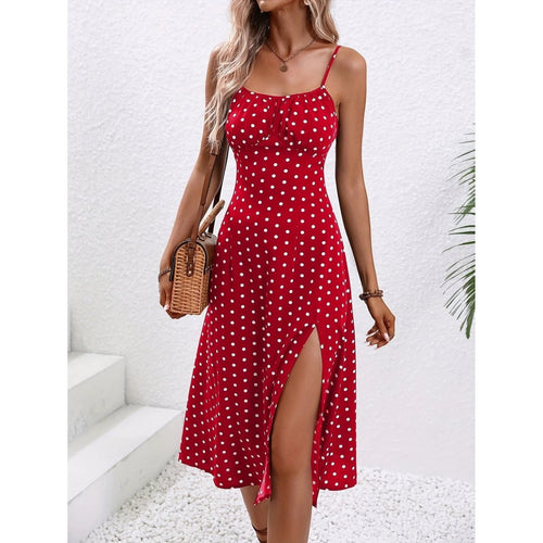 Mandotos polka dot print suspender dress, summer long dress with a sexy split, stylish women's clothing for warm weather.