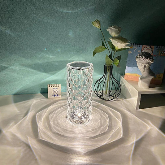 Mandotos Nordic Crystal USB table lamp with touch dimming, rose projector, diamond night light, perfect for bedroom decor.