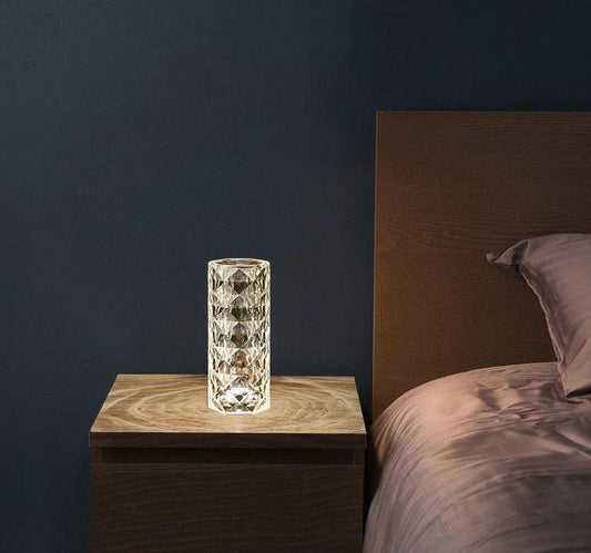Mandotos Nordic crystal USB table lamp with touch dimming, rose projector, night light, bedroom decor, and diamond-inspired design.