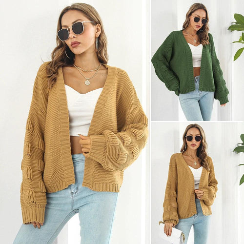 Mandotos women's puff sleeve cardigan sweater featuring chunky knit fabric and front coat design.