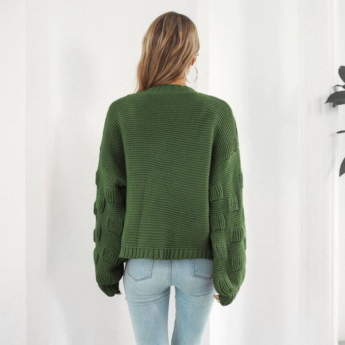Mandotos women's puff sleeve cardigan sweater with front chunky knit design, stylish knitwear coat for casual wear.
