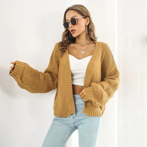 Mandotos women's puff sleeve cardigan sweater with front chunky knit design, stylish knitwear coat for cozy fall and winter wear.