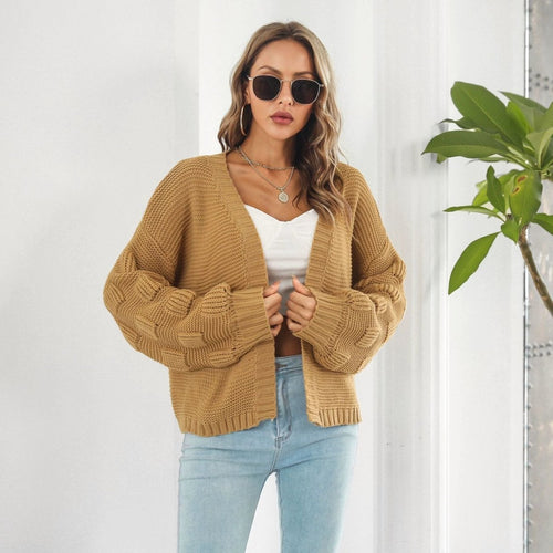 Mandotos women's puff sleeve cardigan sweater with chunky knit texture and front coat style, stylish and cozy for casual wear.