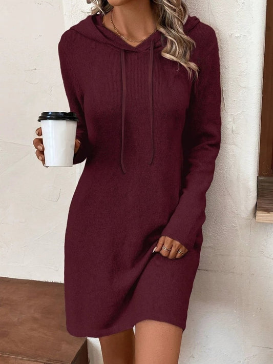 Mandotos seductive polyester mini dress in red, grey, brown, black, or apricot, available in sizes S to XL, shown on a model.
