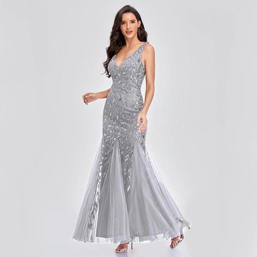 Sexy Long Dress Sleeveless V-neck Embroidered Sequin Slim Mermaid Dress MANDOTOS