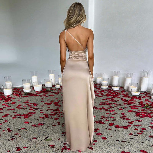 Sexy One-shoulder Backless Slit Dress Summer Elegant Slim-fit Solid Color Satin Dresses For Women MANDOTOS
