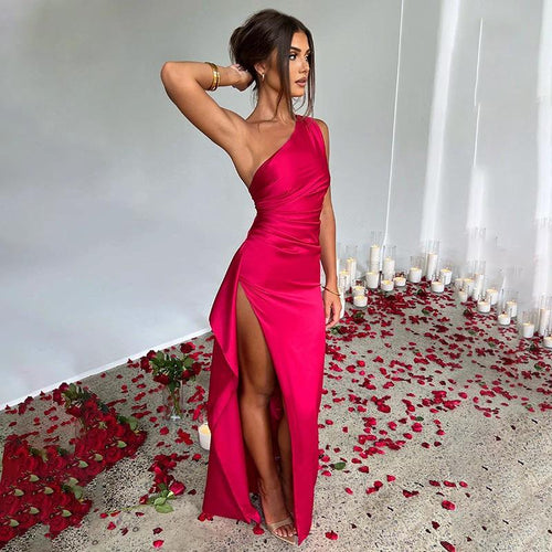 Sexy One-shoulder Backless Slit Dress Summer Elegant Slim-fit Solid Color Satin Dresses For Women MANDOTOS
