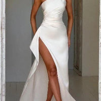 Sexy One-shoulder Backless Slit Dress Summer Elegant Slim-fit Solid Color Satin Dresses For Women MANDOTOS