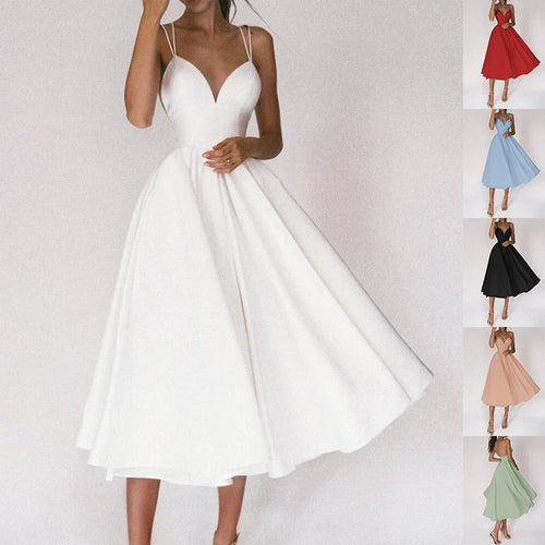 Mandotos women's sexy V-neck suspender dress, summer A-line long dress with suspender straps and stylish design.