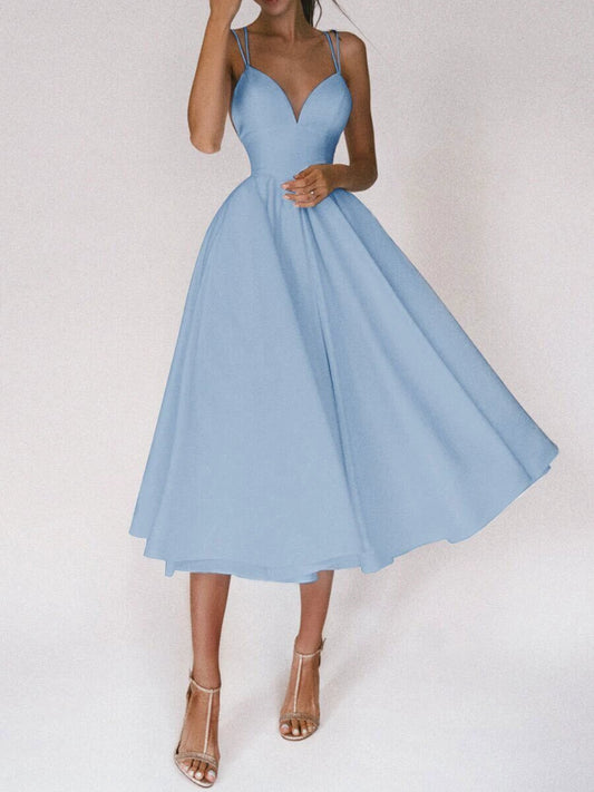 Mandotos women's sexy V-neck suspender summer dress, A-line long dress with stylish design, perfect for warm-weather fashion.