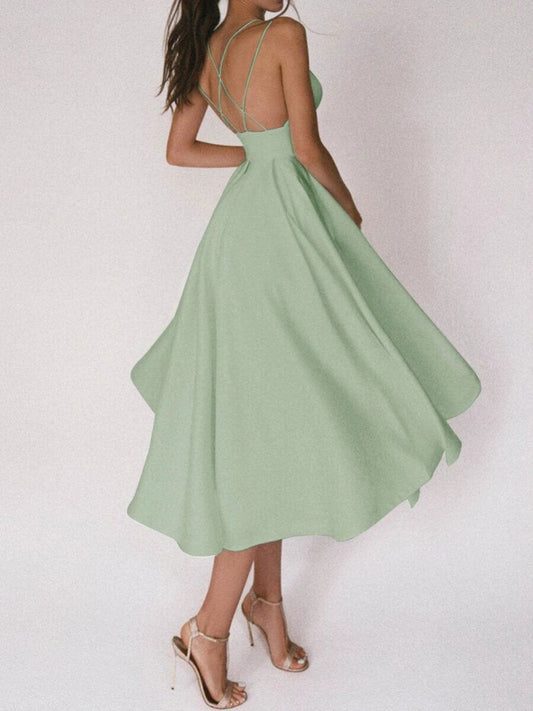 Mandotos women's sexy V-neck suspender summer dress with A-line long design, stylish and fashionable for warm weather.