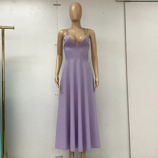 Mandotos women's sexy V-neck suspender summer dress with A-line silhouette, long length, perfect for stylish warm weather wear.