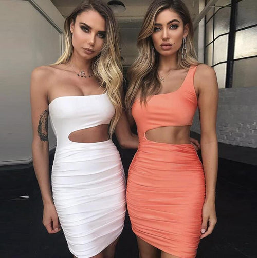 Mandotos slim one-shoulder short dress for women, featuring a sexy hollow mini design, perfect for fashionable occasions.