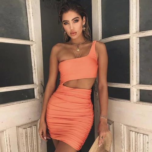 Mandotos slim one-shoulder short dress for women featuring a sexy hollow mini design, perfect for fashionable occasions.