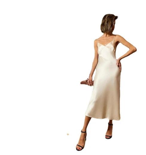 Long swing skirt with sling style and collage stitching in sweet plain pattern, made of polyester fiber by MANDOTOS.