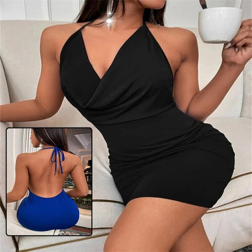 Mandotos summer deep V-neck backless halter dress for women, featuring a sling design and elegant, stylish silhouette.
