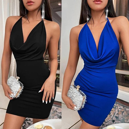 Mandotos women's summer deep V-neck backless halter dress with sling design, stylish and elegant for warm-weather wear.