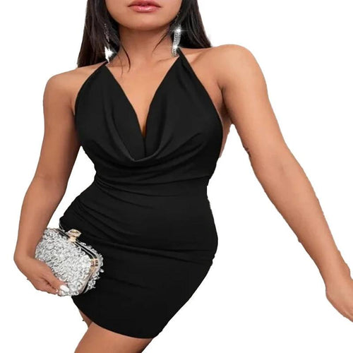 Mandotos women's summer deep V-neck backless halter dress with sling strap, stylish and elegant for warm weather occasions.