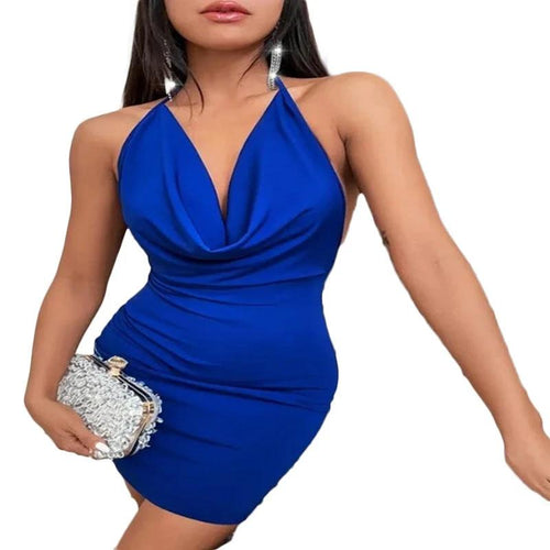 Mandotos women's summer deep V-neck backless halter dress with sling design, stylish and elegant for warm weather occasions.