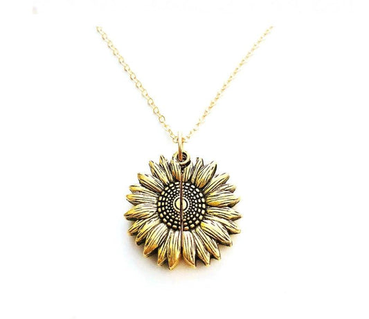 Mandotos sunflower double lettering necklace featuring a delicate chain and floral design, perfect for layered jewelry styles.