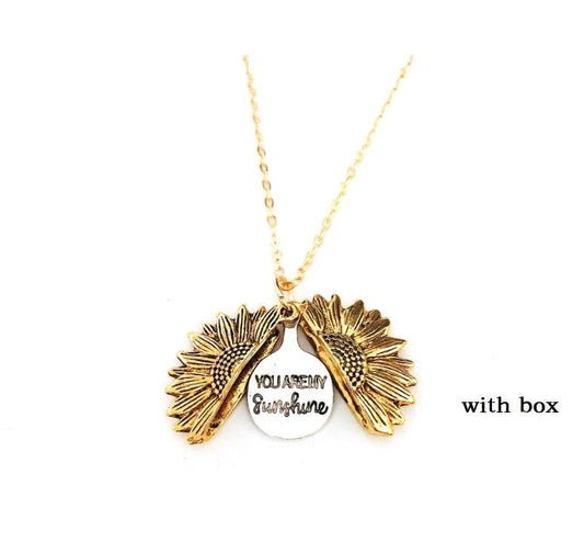 Mandotos sunflower double lettering necklace featuring a delicate chain and pendant with sunflower design on a white background