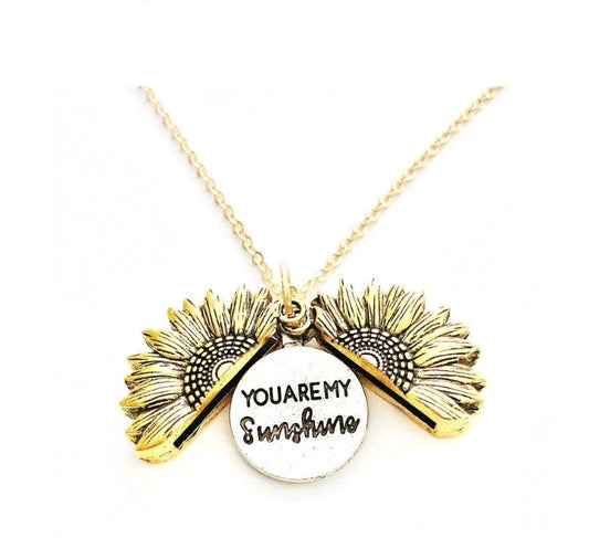Mandotos sunflower double lettering necklace featuring a delicate chain and sunflower pendant, stylish and feminine jewelry.