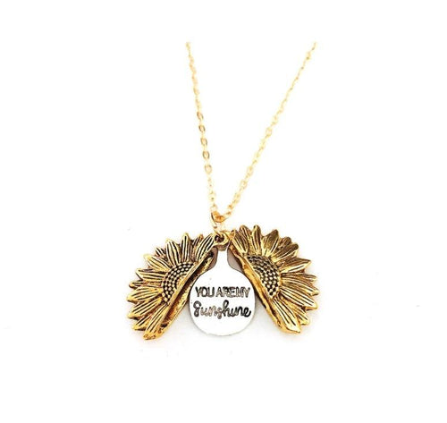 Mandotos sunflower double lettering necklace featuring a gold chain and sunflower charm on a white background