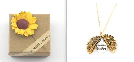 Mandotos sunflower double lettering necklace with gold chain and sunflower pendant, stylish jewelry accessory.