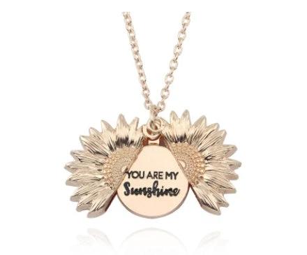 Mandotos sunflower double lettering necklace with gold chain and sunflower pendant, stylish jewelry for everyday wear.