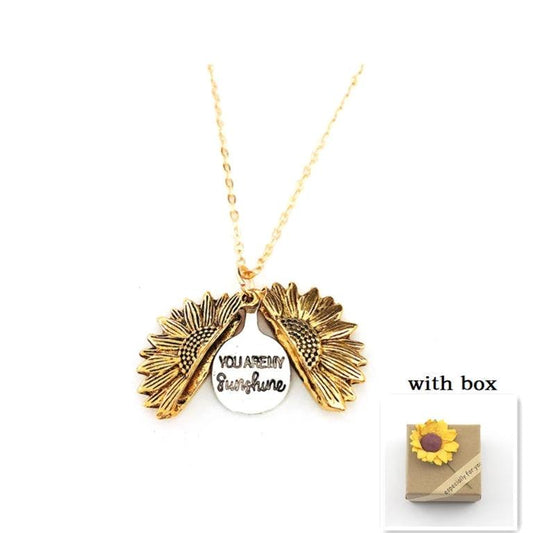Mandotos sunflower double lettering necklace with gold chain and sunflower pendant, stylish jewelry accessory.