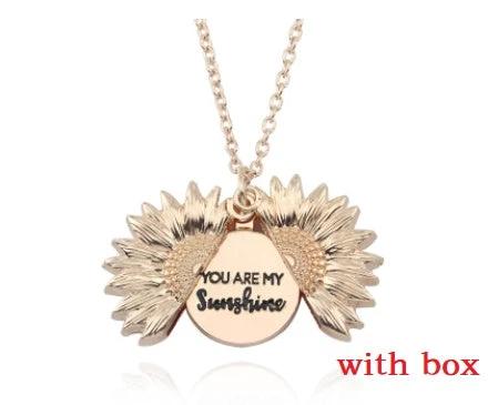 Mandotos sunflower double lettering necklace with gold chain and sunflower charm, stylish jewelry accessory for women.
