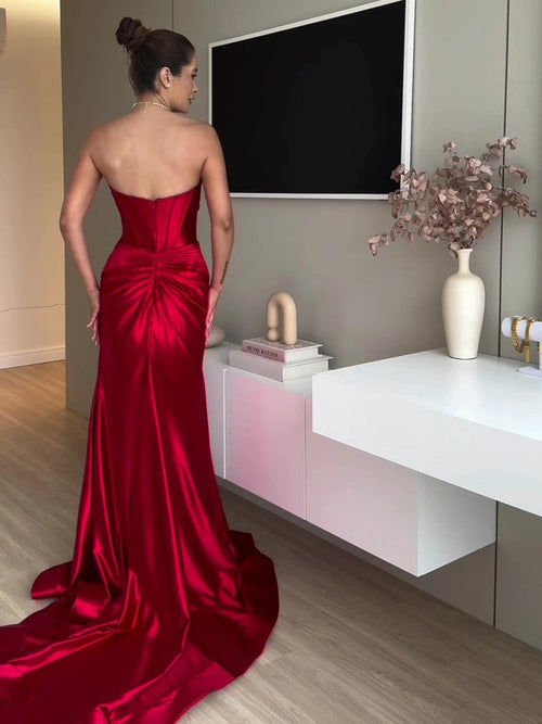 Tube Top Slit Red Extra Long Evening Dress MANDOTOS