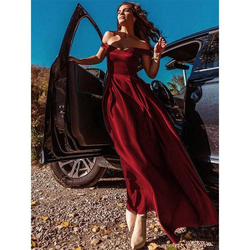 V-Neck Solid Color Long Vintage Gown Dress MANDOTOS