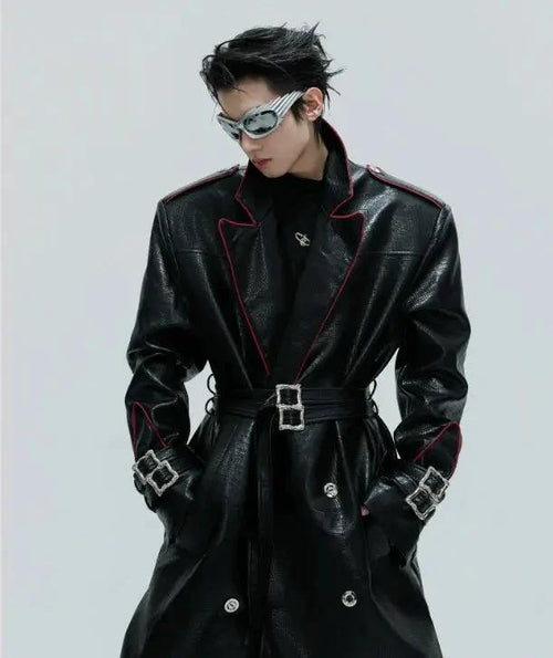 Wide Shoulder Fur Metal Belt Waist Long-cut Coat - MANDOTOS