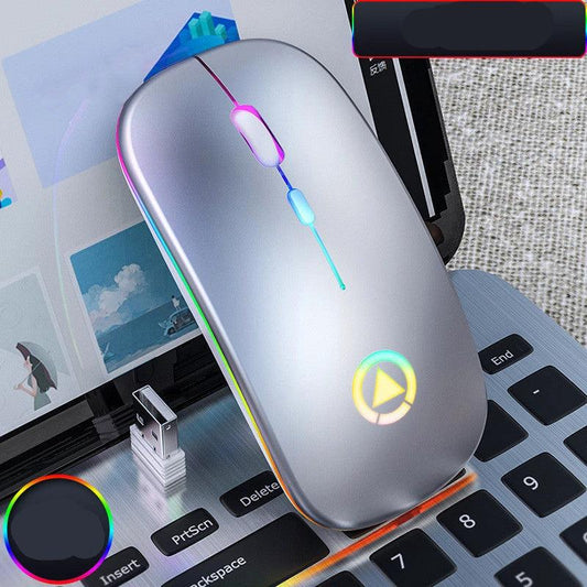 Wireless charging Bluetooth mouse by MANDOTOS with ergonomic design and sleek black finish, showing the mouse on a desk.