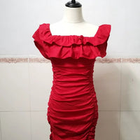 Women Black Off Shoulder Ruched Layered Ruffles Bodycon Dress MANDOTOS