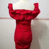 Women Black Off Shoulder Ruched Layered Ruffles Bodycon Dress MANDOTOS
